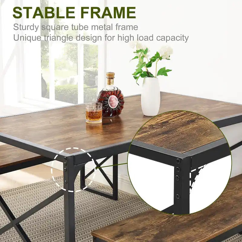 VECELO 3-pieces Dining Table with Bench, Dinning Room Table Set for 4-6, Kitchen Table with 2 Benches Dining Table Set