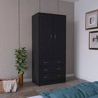 19  Modern Double-door Armoire with 3 Drawers and 1 Hanging Rod for Bedroom