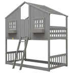 Twin over Twin House Bunk Bed with Roof , Window, Window Box, Door , with Safety Guardrails and Ladder, Grey