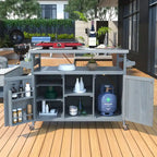 Outdoor Kitchen Island, Rolling Bar Cart & Storage Cabinet,Solid Wood Grill Table with Stainless Steel Top,Spice Rack,Towel Rack