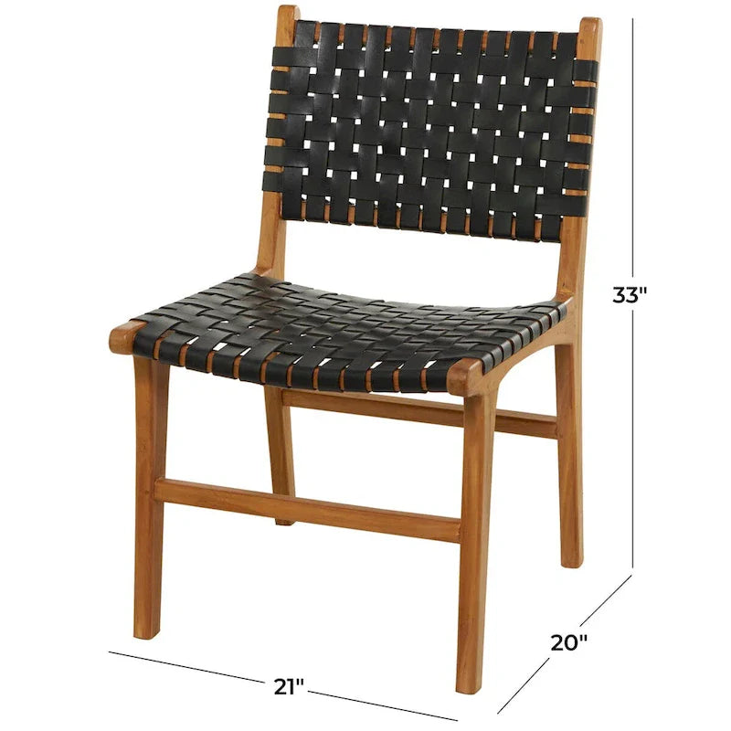 Chaises de salle à manger tressées faites à la main en cuir avec cadre en bois de teck - Lot de 2 Marron, Blanc ou Noir - Roche River Decor