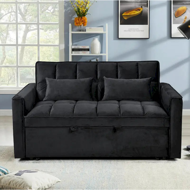 Causeuse de futon moderne en velours avec dossier inclinable et poches, 2 places – Gris foncé / Gris clair / Bleu / Noir