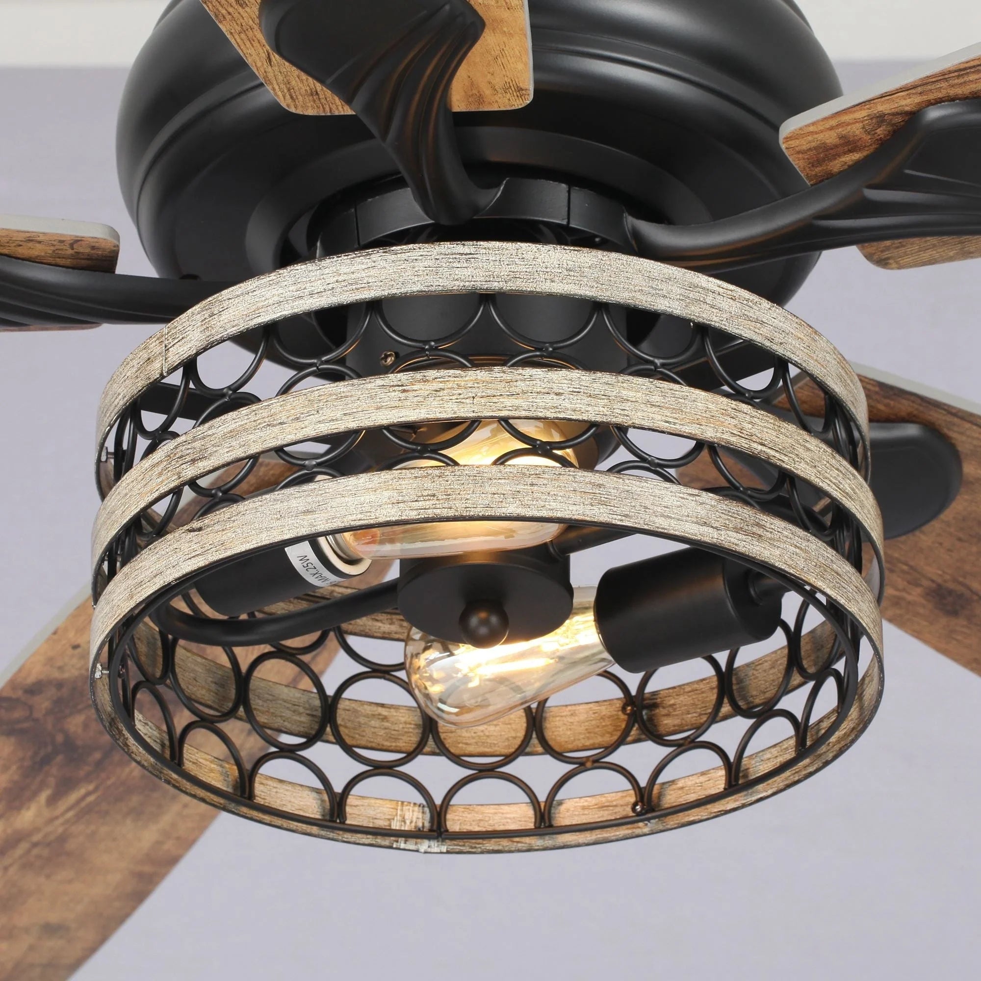52 Farmhouse Driftwood 5-Blade Black Caged Ceiling Fan with Remote