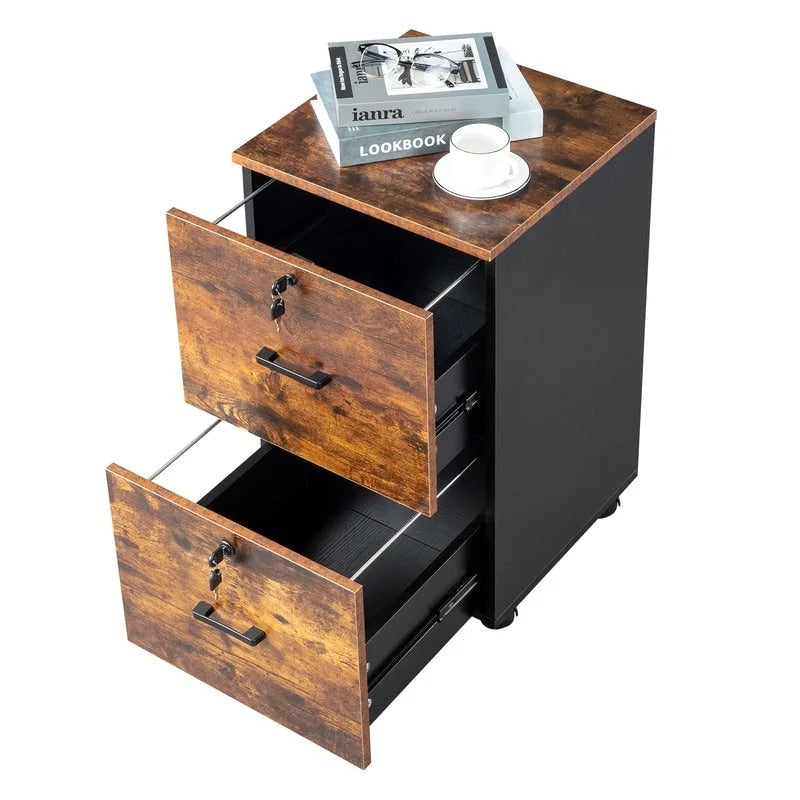 2-Drawer Rolling Wood File Cabinet with Lock