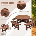 8-Person Outdoor Patio Fir Wood Round Picnic Dining Set with 4 Built-in Benches and Umbrella Hole