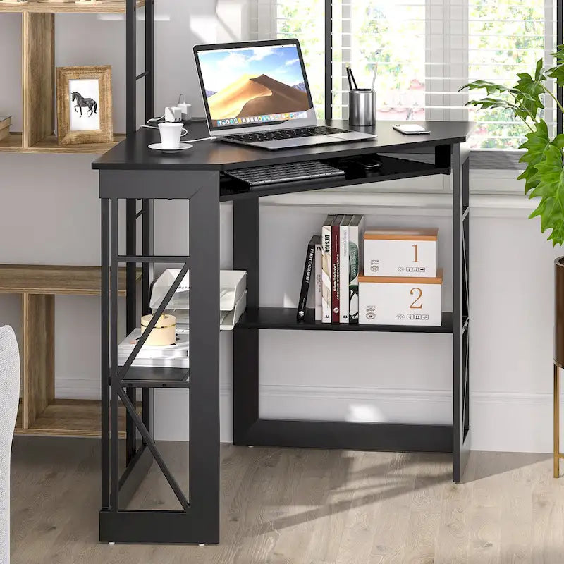 Corner Desk Small Desk with Outlets Corner Table for Small Space, Computer Desk with USB Ports Triangle Desk with Storage