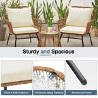 3-Piece Patio Conversation Bistro Set, Outdoor Rattan Furniture Set with Glass Table & 2 Wide Armchairs, Seat Cushions