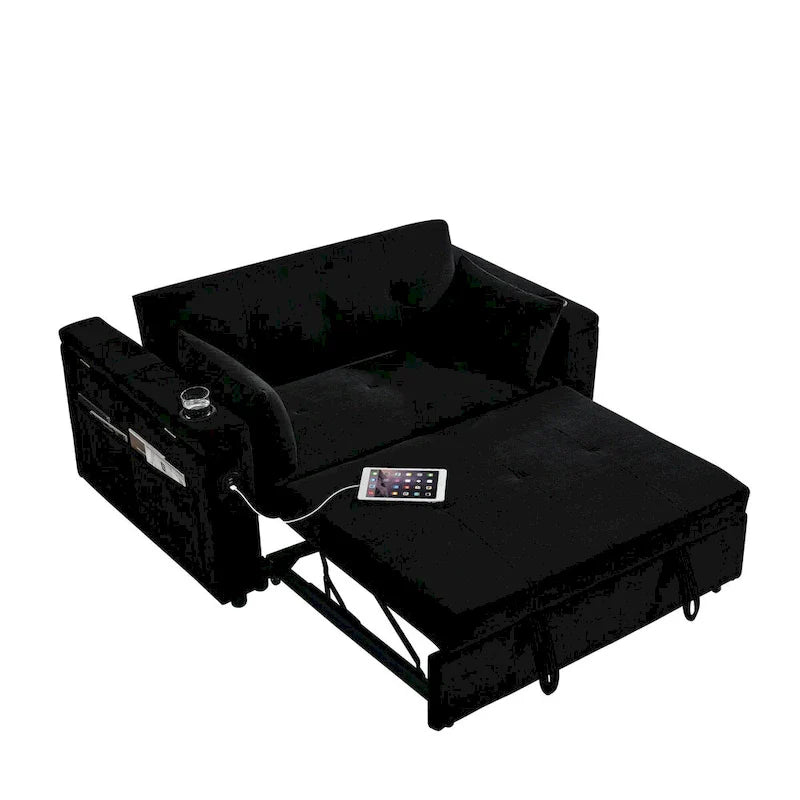 54 Pull-Out Sleeper Sofa Bed, 2 Seat Recliner Sofa Bed with Storage, Lumbar Pillow, USB Power Outlet