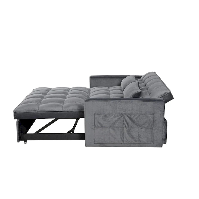 Causeuse de futon moderne en velours avec dossier inclinable et poches, 2 places – Gris foncé / Gris clair / Bleu / Noir
