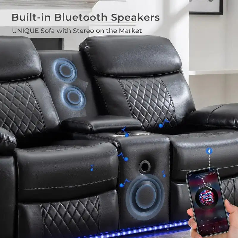 Power Reclining Sofa with Wireless Charger,Reading Light,LED Light for Living Room,Faux Leather,AC/USB Port,Cup Holder,Black