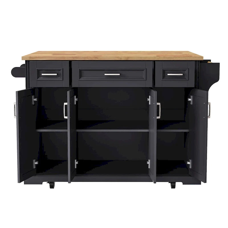 54  Large Kitchen Island with Rubber Wood Drop Leaf, Embossed Texture Rolling Kitchen Cart on 4 Wheels with 4 Doors & 3 Drawers