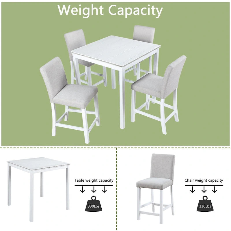 Modern 5-Piece Dining Set with Square Counter Height Table & 4 Upholstered Chairs