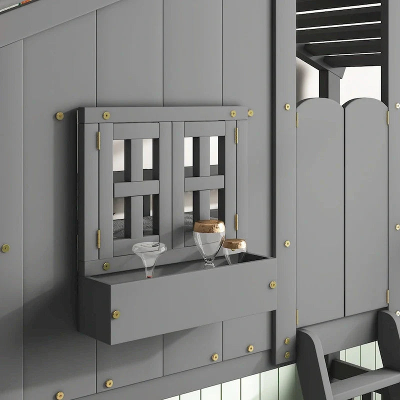 Twin over Twin House Bunk Bed with Roof , Window, Window Box, Door , with Safety Guardrails and Ladder, Grey