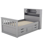 Twin/Full Size Captain Platform Bed with 4 Drawers and Storage Shelves, Solid Wood Bed Frame with Storage Bookcase Headboard