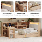 L-shaped Wooden Sofa Daybed with Desk, Bookcase Cabinet, Corner Bed with Under-bed Drawers, Upholstered Headboard Built-in Light