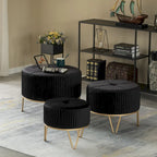 Round Velvet Ottoman Stool Raised with Hairpin Gold Base