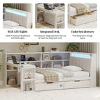 L-shaped Wooden Sofa Daybed with Desk, Bookcase Cabinet, Corner Bed with Under-bed Drawers, Upholstered Headboard Built-in Light