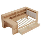 L-shaped Wooden Sofa Daybed with Desk, Bookcase Cabinet, Corner Bed with Under-bed Drawers, Upholstered Headboard Built-in Light