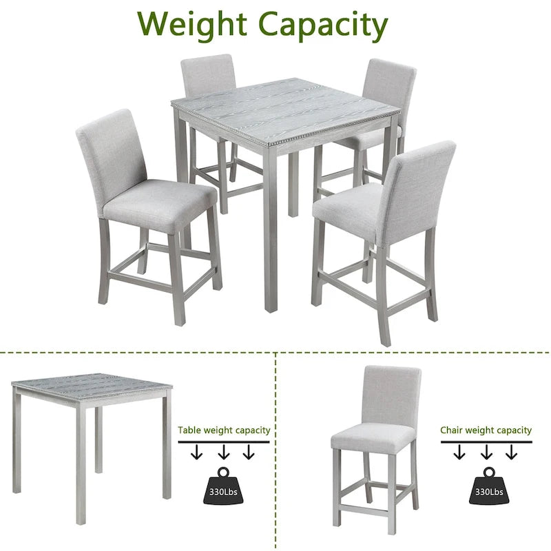 Modern 5-Piece Dining Set with Square Counter Height Table & 4 Upholstered Chairs