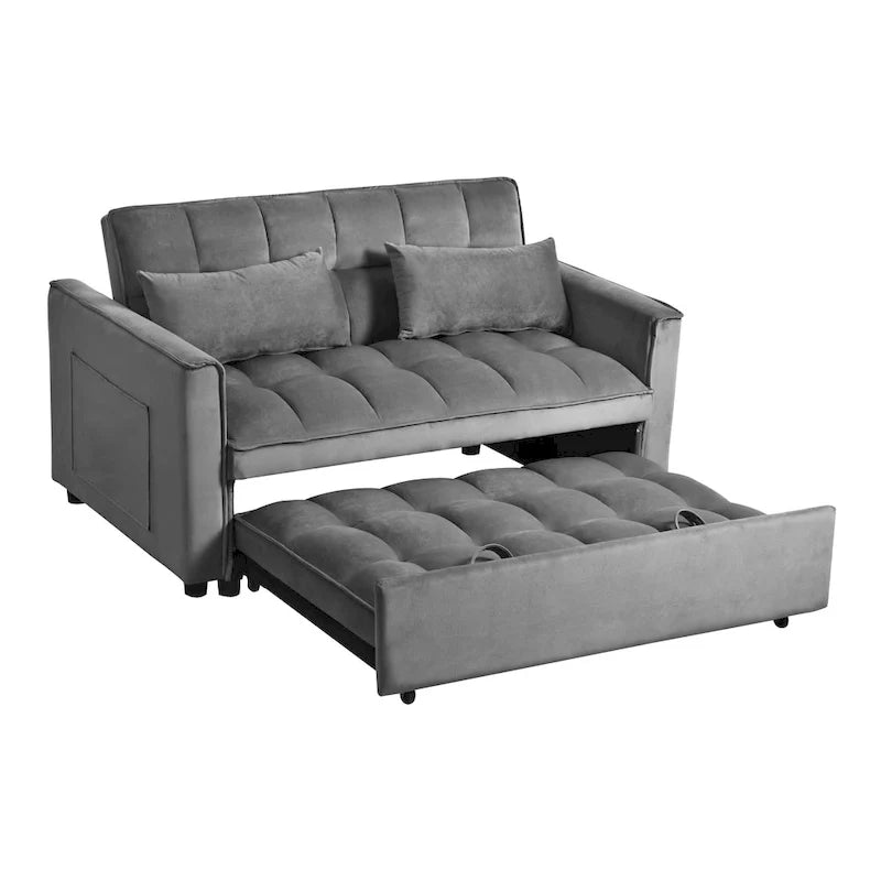 Causeuse de futon moderne en velours avec dossier inclinable et poches, 2 places – Gris foncé / Gris clair / Bleu / Noir