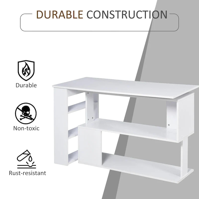 HOMCOM 360 Rotating L-Shaped Corner Desk: White, with Storage Shelves